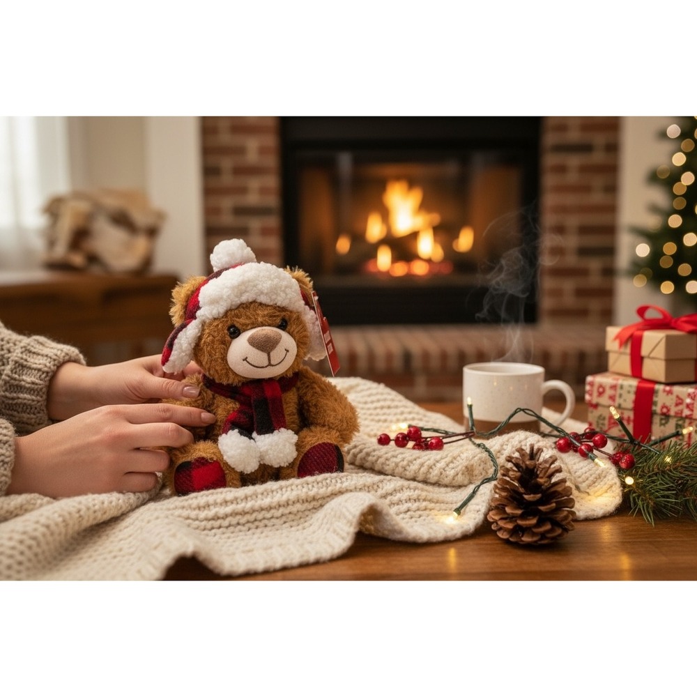 Holiday Style Plush Bear Red‎ Plaid Scarf Hat Winter Christmas Teddy